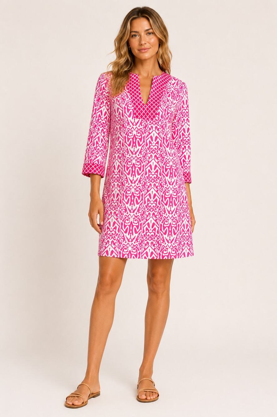 Rock Flower Paper Pink White Cotton Shift Dress V Neck 3/4 Sleeve Size Small